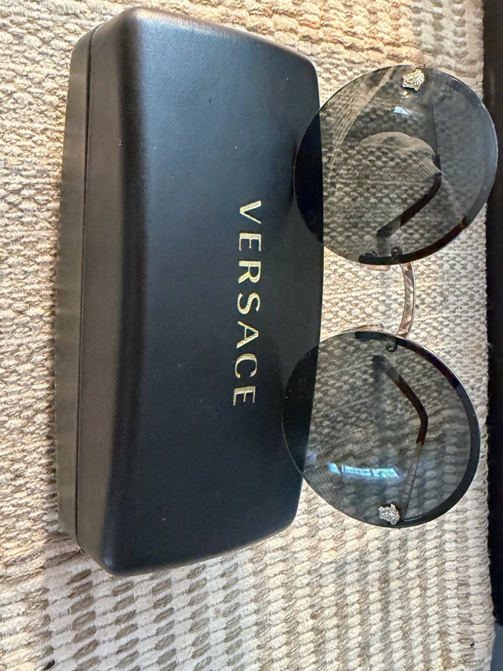Versace Round Black Gradient Rimless Sunglasses with Gold Medusa Accent